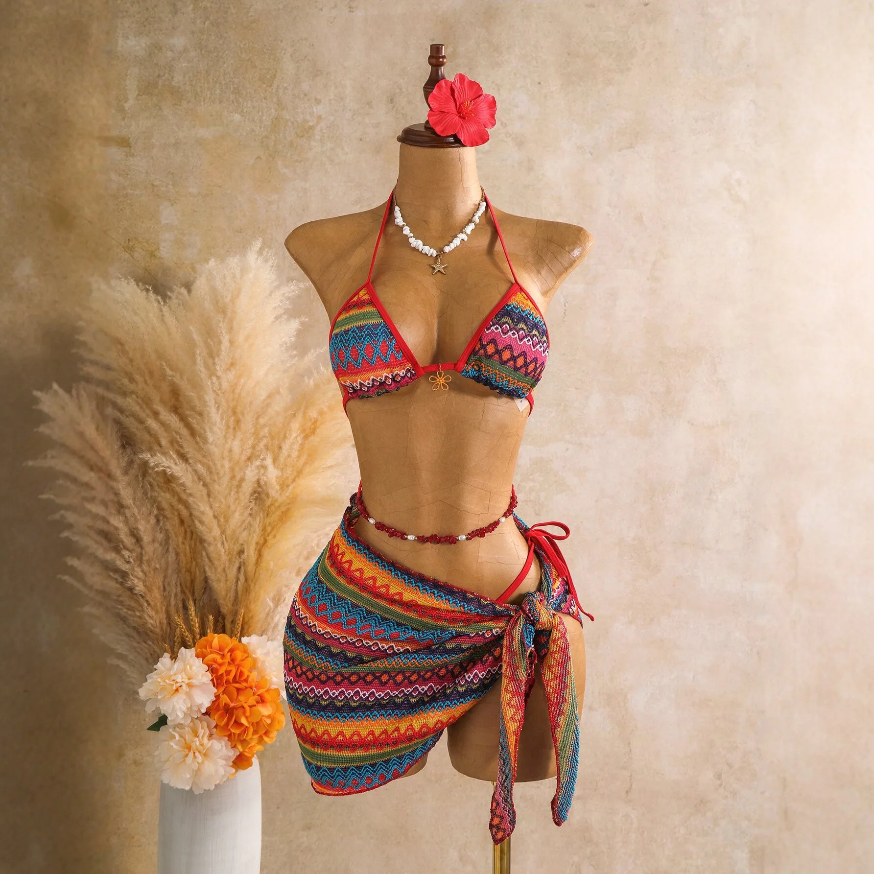 Pink Striped Patchwork Knitted Bikini Set
