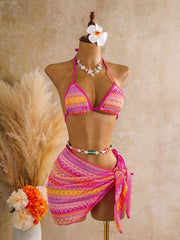 Pink Striped Patchwork Knitted Bikini Set