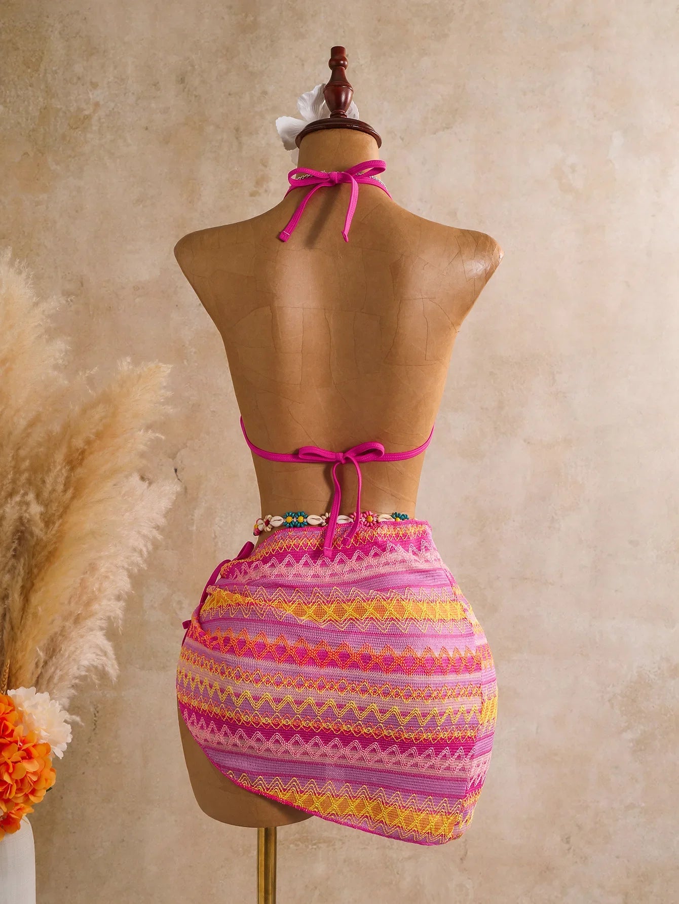 Pink Striped Patchwork Knitted Bikini Set