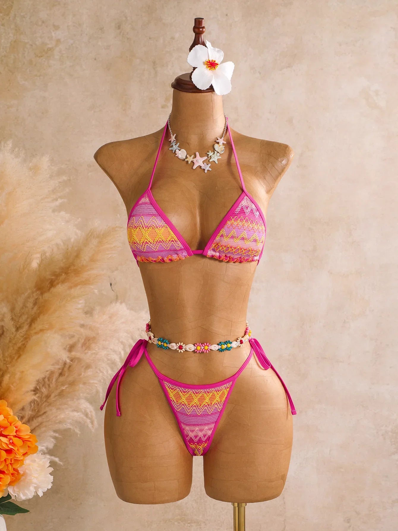 Pink Striped Patchwork Knitted Bikini Set
