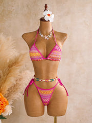 Pink Striped Patchwork Knitted Bikini Set