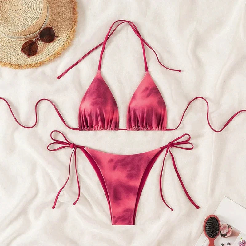 Pink Tie Dye Gradient Micro Bikini Halter Push Up Bra Thong Swimsuit Bathing Suit Triangle Swimwear