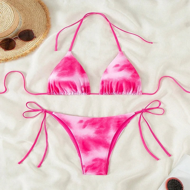 Pink Tie Dye Gradient Micro Bikini Halter Push Up Bra Thong Swimsuit Bathing Suit Triangle Swimwear