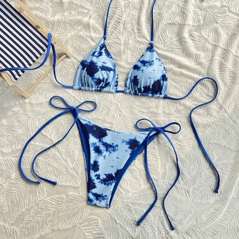 Pink Tie Dye Gradient Micro Bikini Halter Push Up Bra Thong Swimsuit Bathing Suit Triangle Swimwear