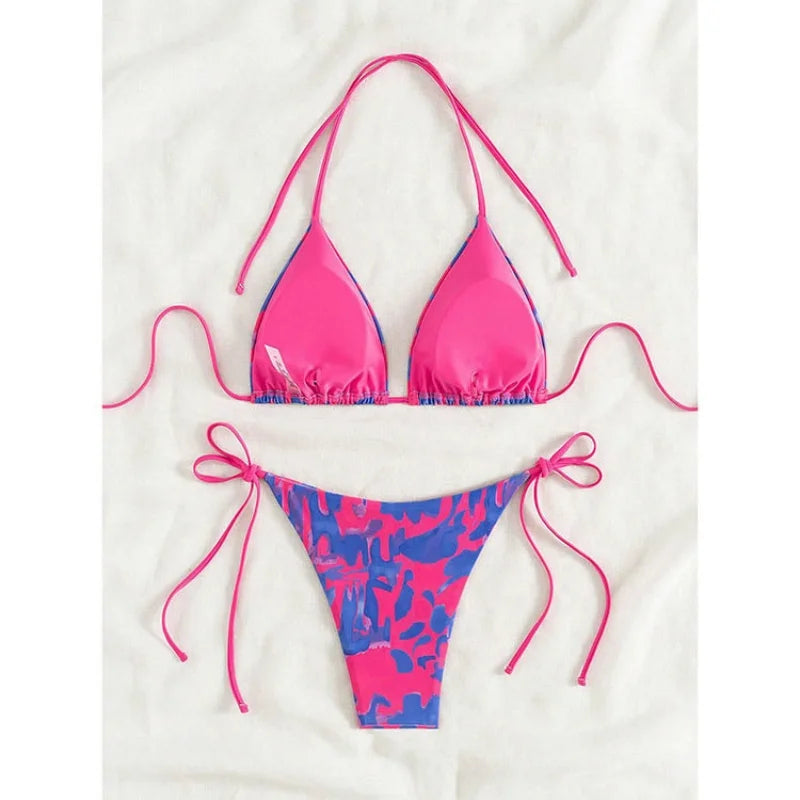 Pink Tie Dye Gradient Micro Bikini Halter Push Up Bra Thong Swimsuit Bathing Suit Triangle Swimwear