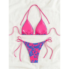 Pink Tie Dye Gradient Micro Bikini Halter Push Up Bra Thong Swimsuit Bathing Suit Triangle Swimwear