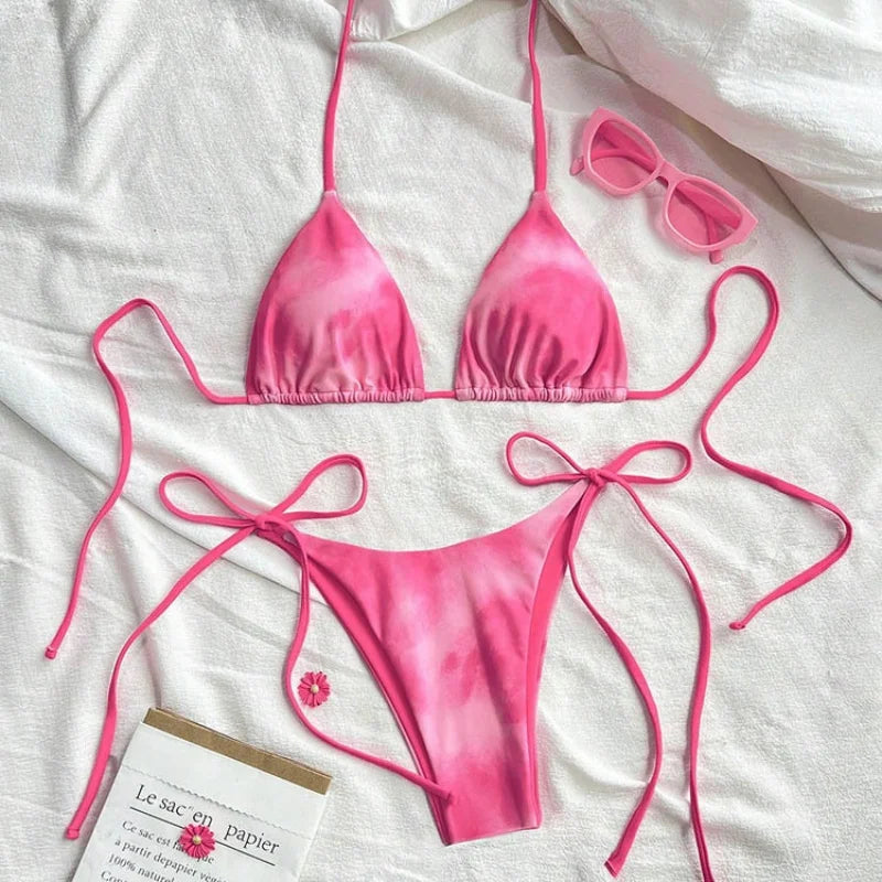Pink Tie Dye Gradient Micro Bikini Halter Push Up Bra Thong Swimsuit Bathing Suit Triangle Swimwear
