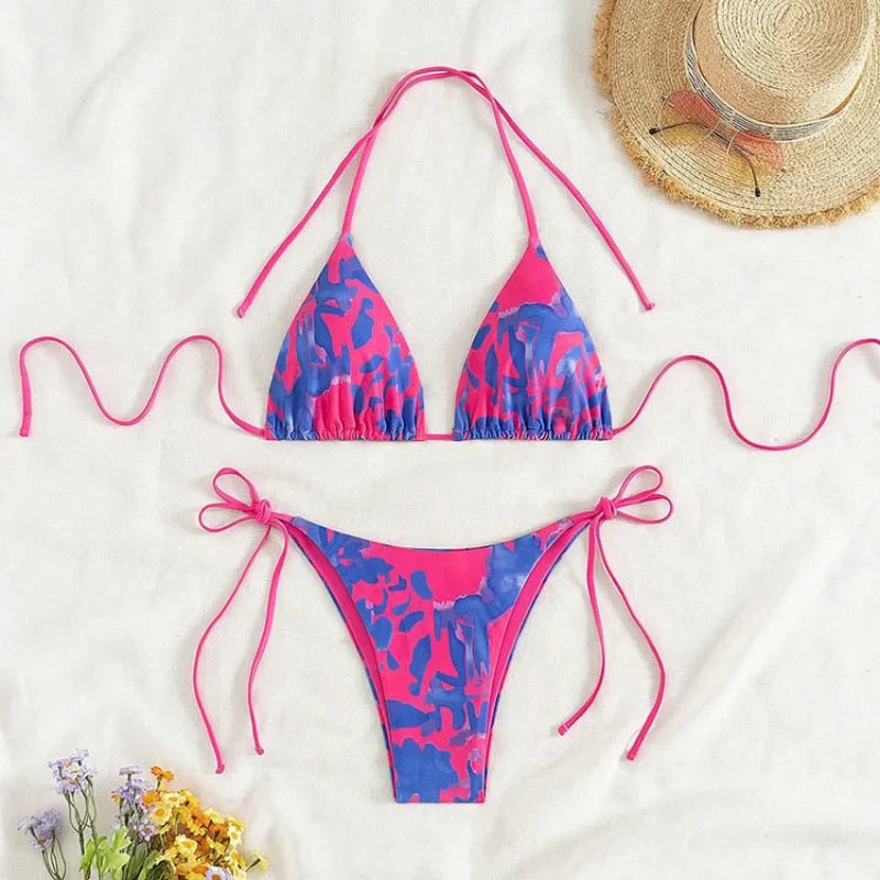 Pink Tie Dye Gradient Micro Bikini Halter Push Up Bra Thong Swimsuit Bathing Suit Triangle Swimwear