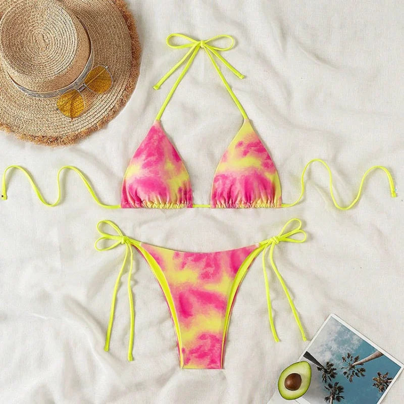 Pink Tie Dye Gradient Micro Bikini Halter Push Up Bra Thong Swimsuit Bathing Suit Triangle Swimwear