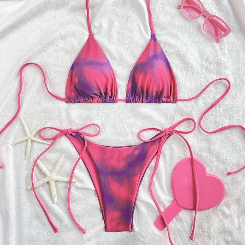 Pink Tie Dye Gradient Micro Bikini Halter Push Up Bra Thong Swimsuit Bathing Suit Triangle Swimwear