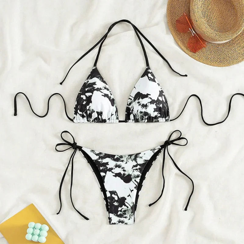 Pink Tie Dye Gradient Micro Bikini Halter Push Up Bra Thong Swimsuit Bathing Suit Triangle Swimwear