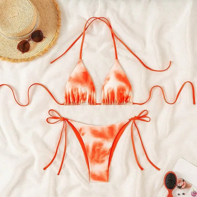 Pink Tie Dye Gradient Micro Bikini Halter Push Up Bra Thong Swimsuit Bathing Suit Triangle Swimwear