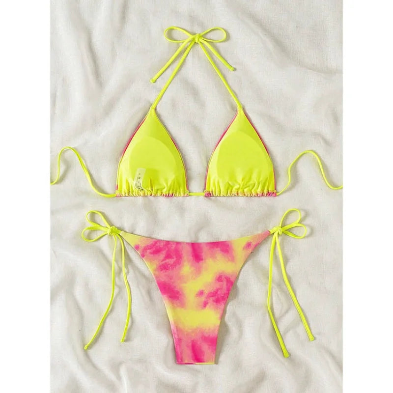 Pink Tie Dye Gradient Micro Bikini Halter Push Up Bra Thong Swimsuit Bathing Suit Triangle Swimwear