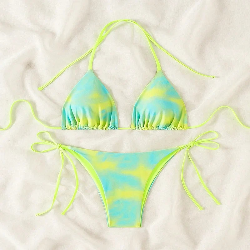 Pink Tie Dye Gradient Micro Bikini Halter Push Up Bra Thong Swimsuit Bathing Suit Triangle Swimwear