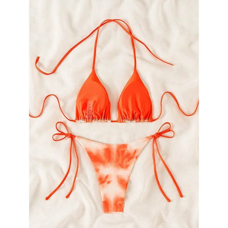 Pink Tie Dye Gradient Micro Bikini Halter Push Up Bra Thong Swimsuit Bathing Suit Triangle Swimwear
