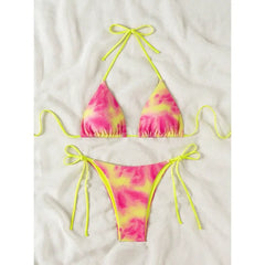 Pink Tie Dye Gradient Micro Bikini Halter Push Up Bra Thong Swimsuit Bathing Suit Triangle Swimwear