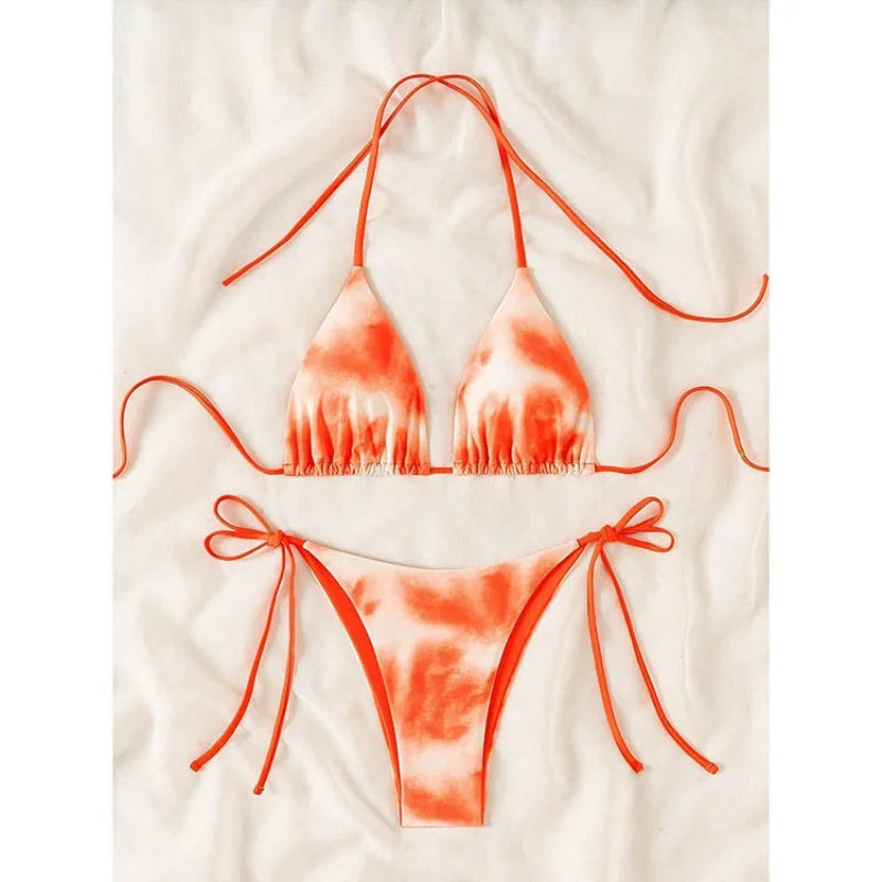 Pink Tie Dye Gradient Micro Bikini Halter Push Up Bra Thong Swimsuit Bathing Suit Triangle Swimwear