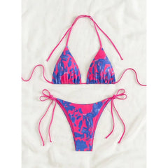 Pink Tie Dye Gradient Micro Bikini Halter Push Up Bra Thong Swimsuit Bathing Suit Triangle Swimwear