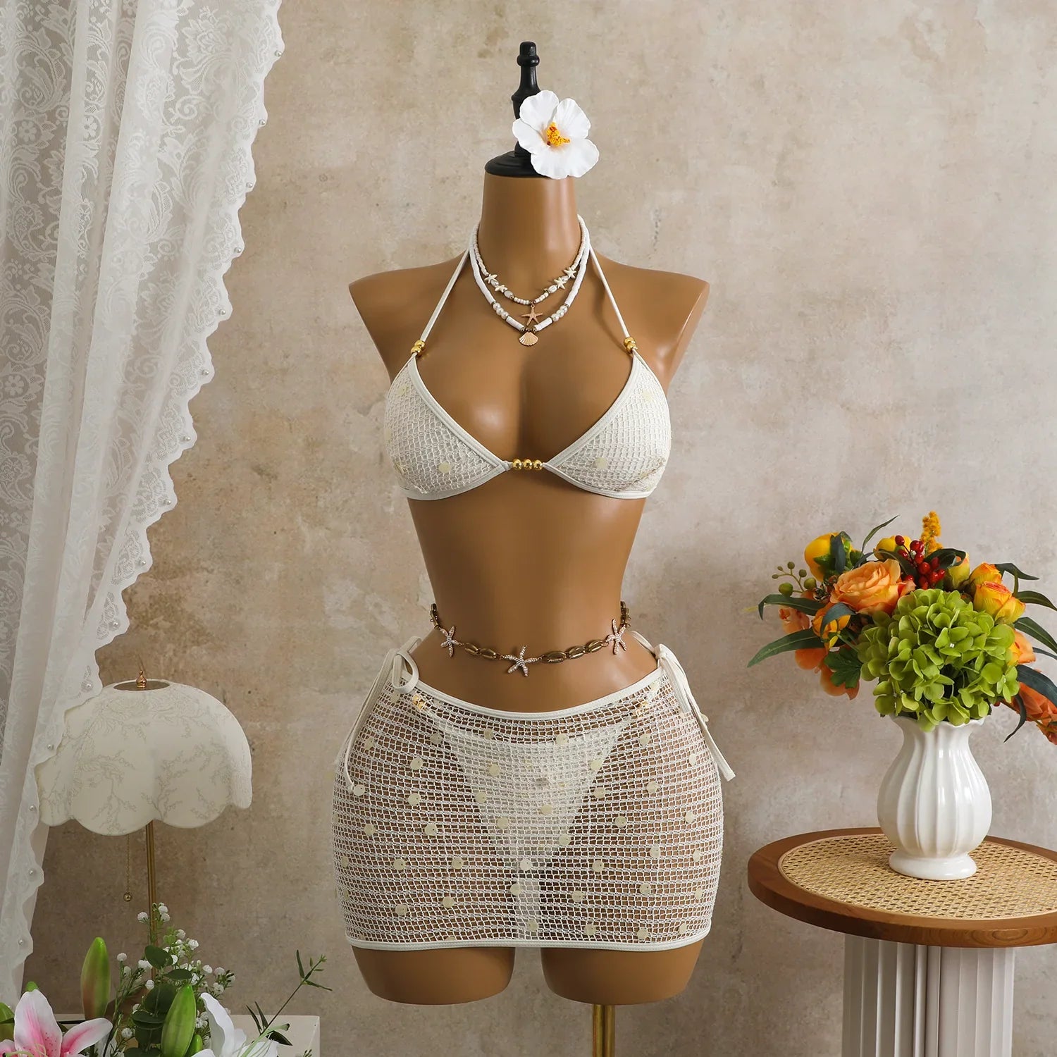 Pink White Mesh Cover Up 3 Piece Bikini Set