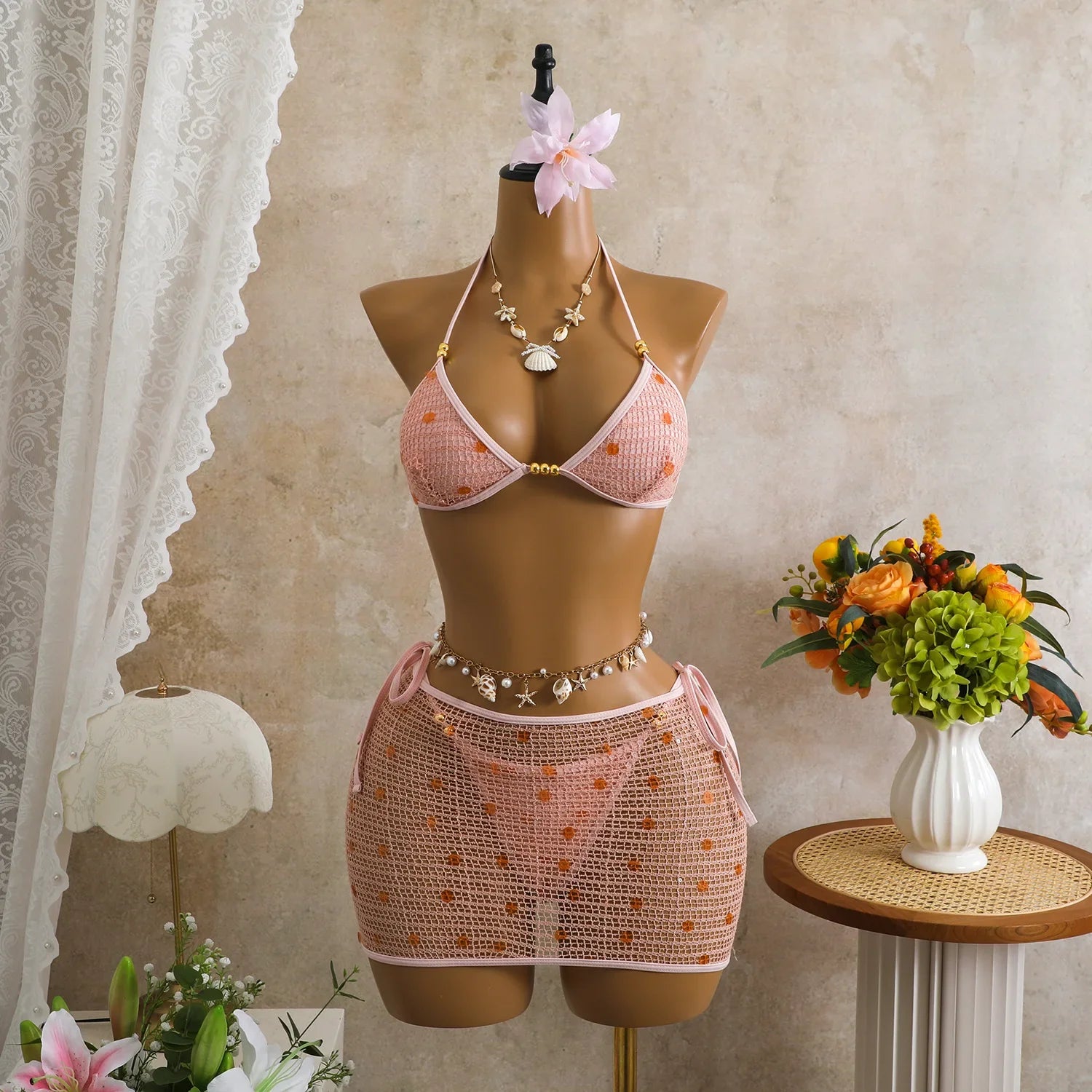 Pink White Mesh Cover Up 3 Piece Bikini Set