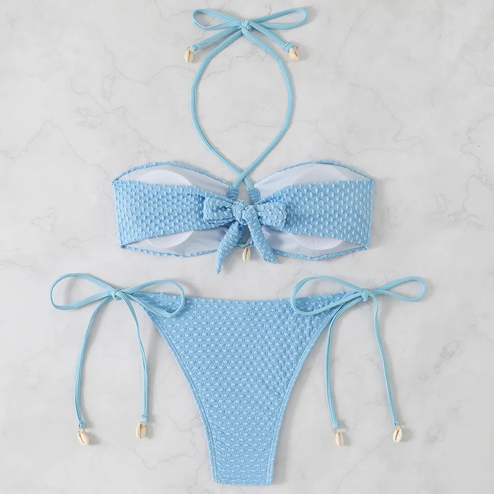 Pink White Tie Side Thong Bikini Halter Cross Shell Push Up Bra Swimsuit Bathing Suit