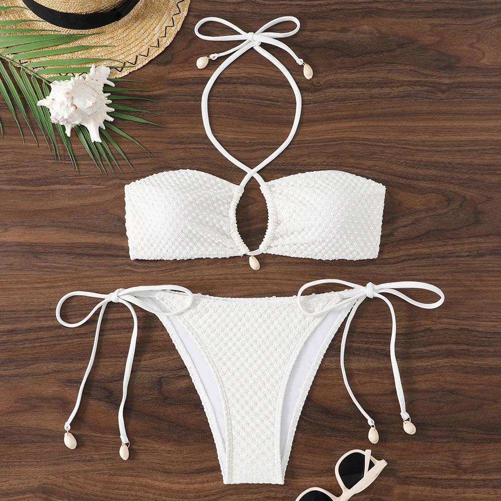 Pink White Tie Side Thong Bikini Halter Cross Shell Push Up Bra Swimsuit Bathing Suit