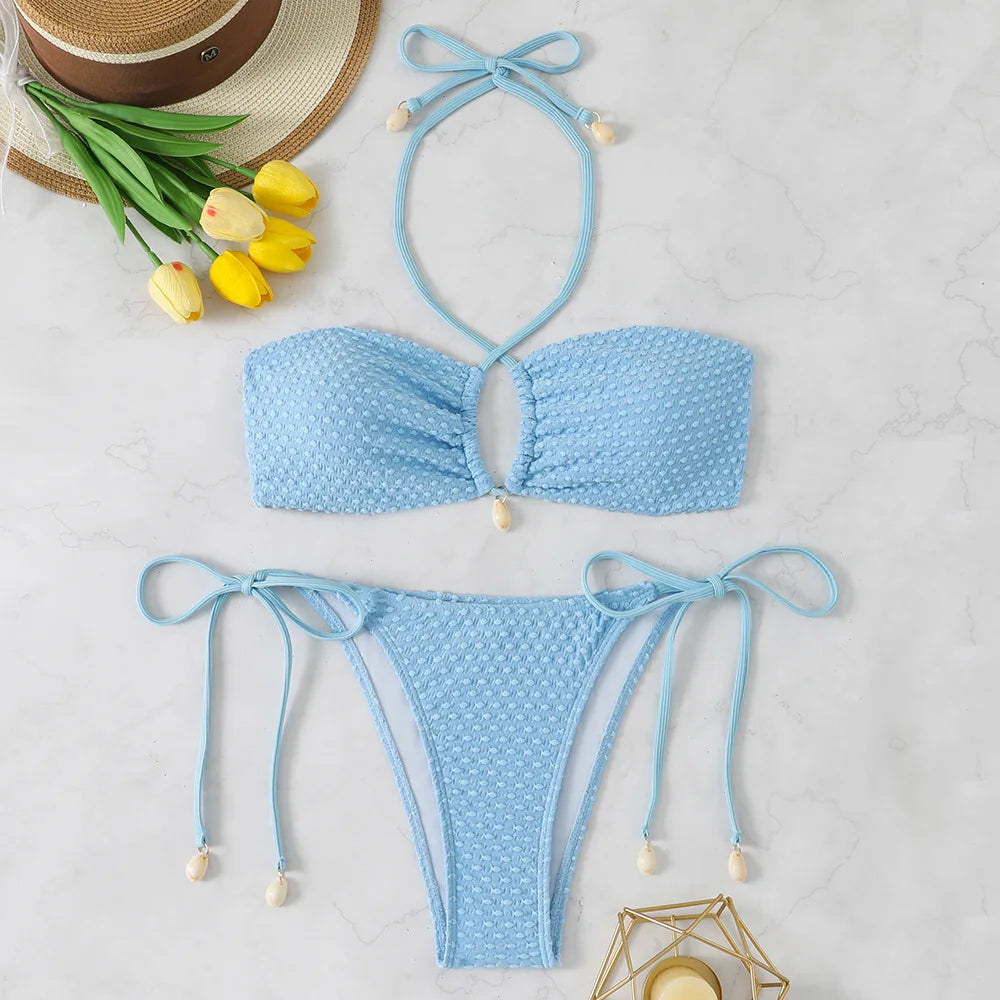 Pink White Tie Side Thong Bikini Halter Cross Shell Push Up Bra Swimsuit Bathing Suit