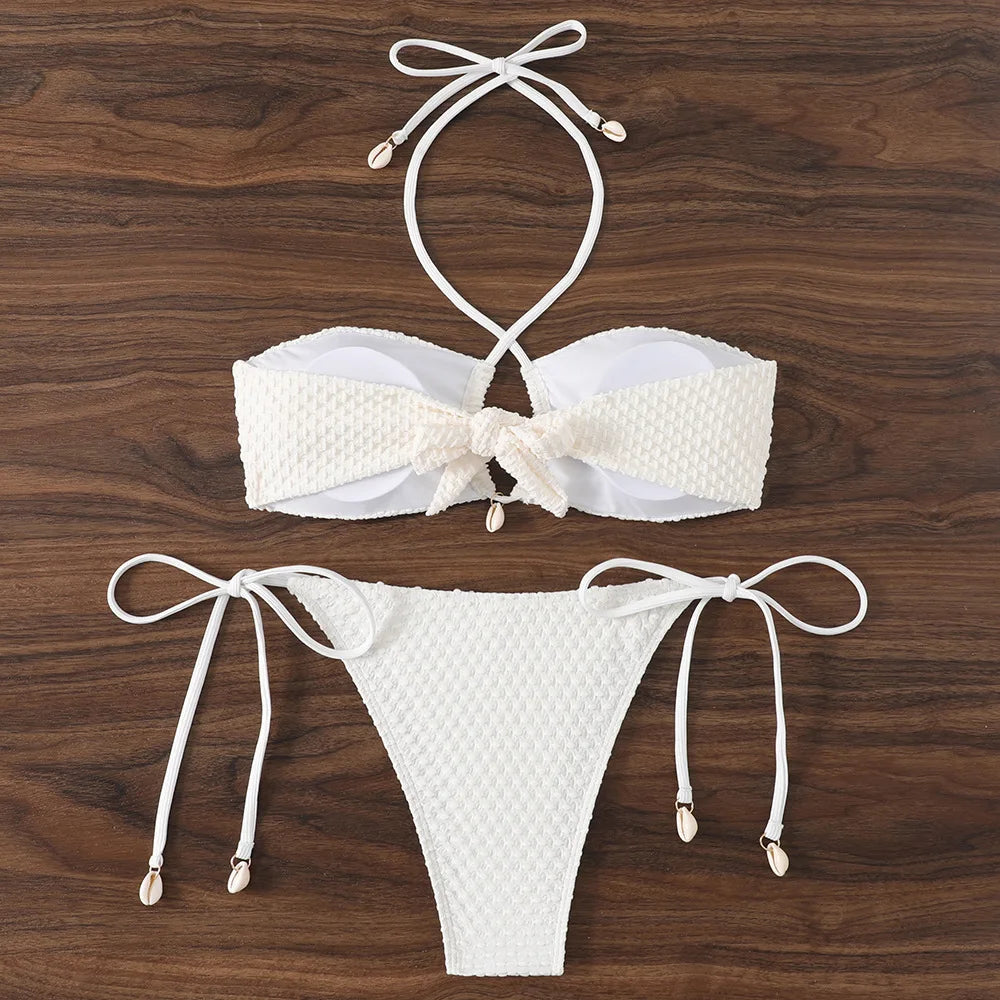 Pink White Tie Side Thong Bikini Halter Cross Shell Push Up Bra Swimsuit Bathing Suit