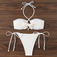 Pink White Tie Side Thong Bikini Halter Cross Shell Push Up Bra Swimsuit Bathing Suit