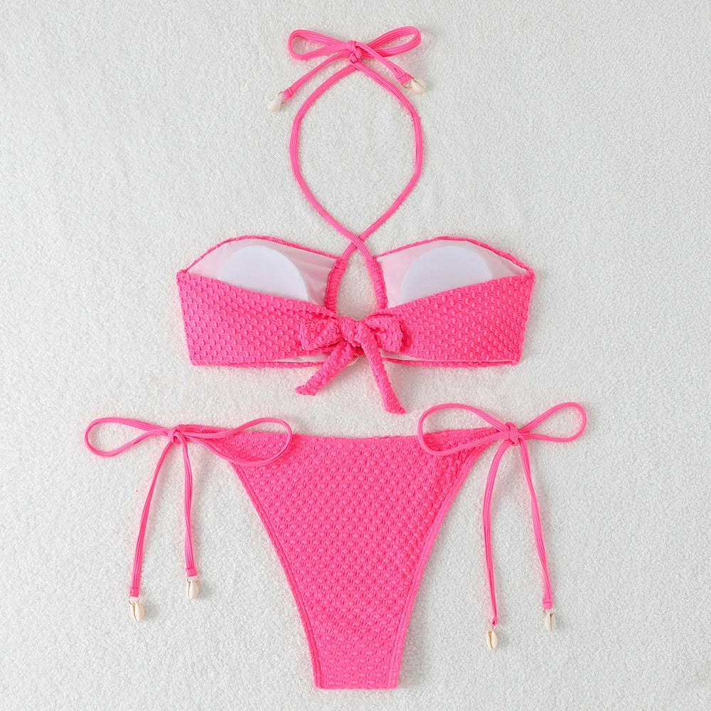 Pink White Tie Side Thong Bikini Halter Cross Shell Push Up Bra Swimsuit Bathing Suit