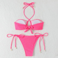 Pink White Tie Side Thong Bikini Halter Cross Shell Push Up Bra Swimsuit Bathing Suit