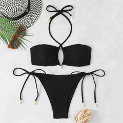 Pink White Tie Side Thong Bikini Halter Cross Shell Push Up Bra Swimsuit Bathing Suit