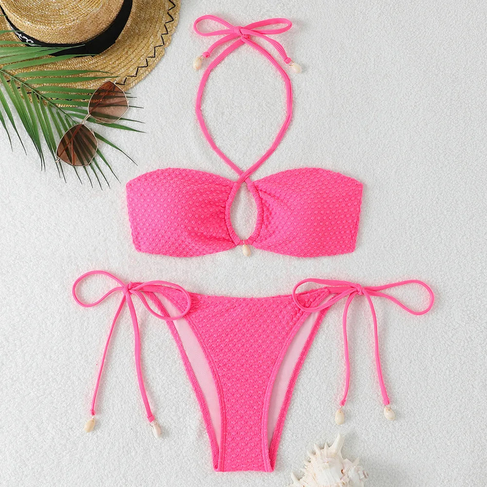 Pink White Tie Side Thong Bikini Halter Cross Shell Push Up Bra Swimsuit Bathing Suit