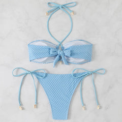 Pink White Tie Side Thong Bikini Halter Cross Shell Push Up Bra Swimsuit Bathing Suit