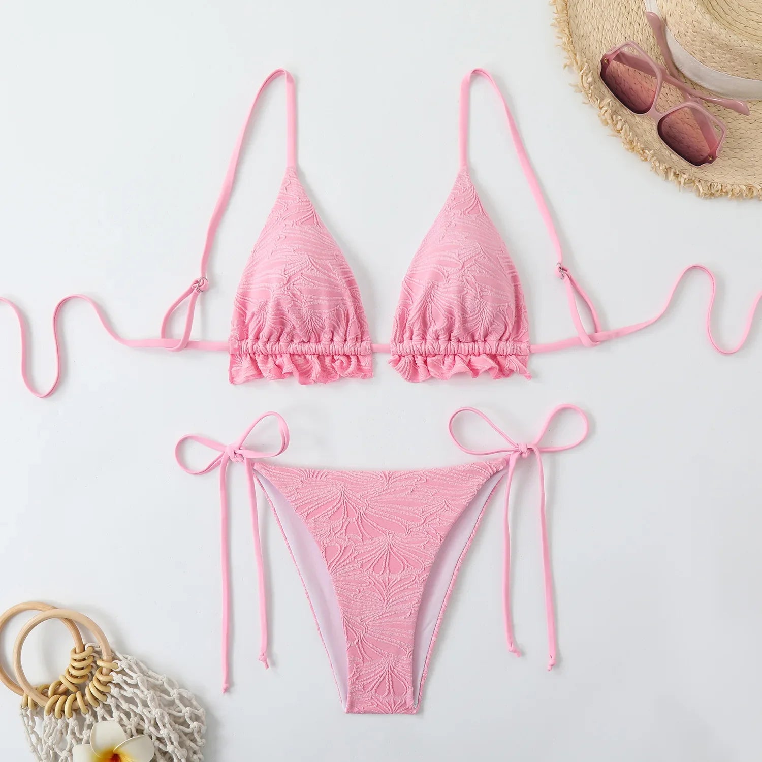 Pink Swimsuit Pleate Push Up Bikini Set