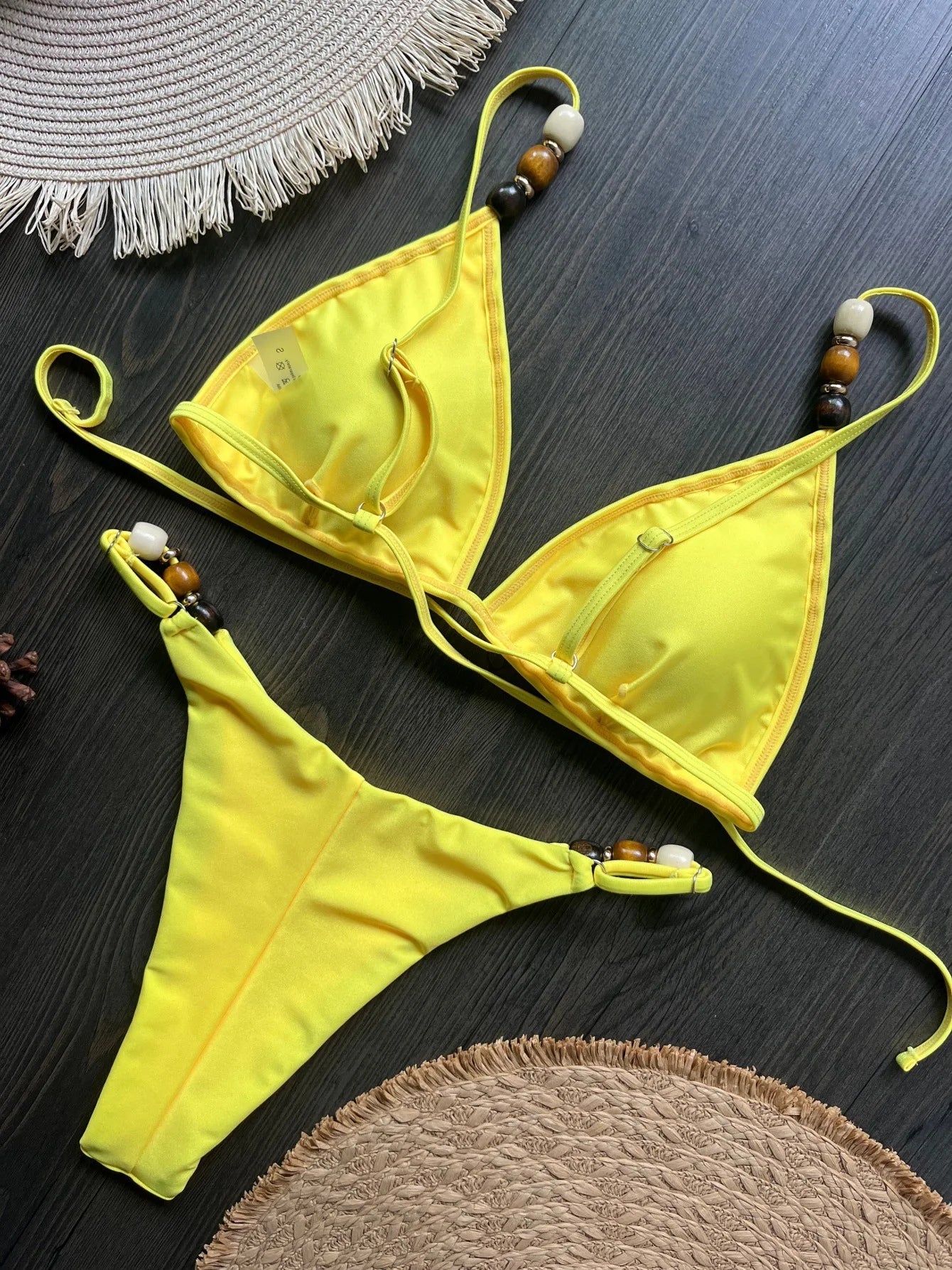 Pink Yellow Micro Bikini Pearls Strap Hole Out Push Up Bra Triangle Swimsuit Beach Holiday Bathing Suit Swimwear