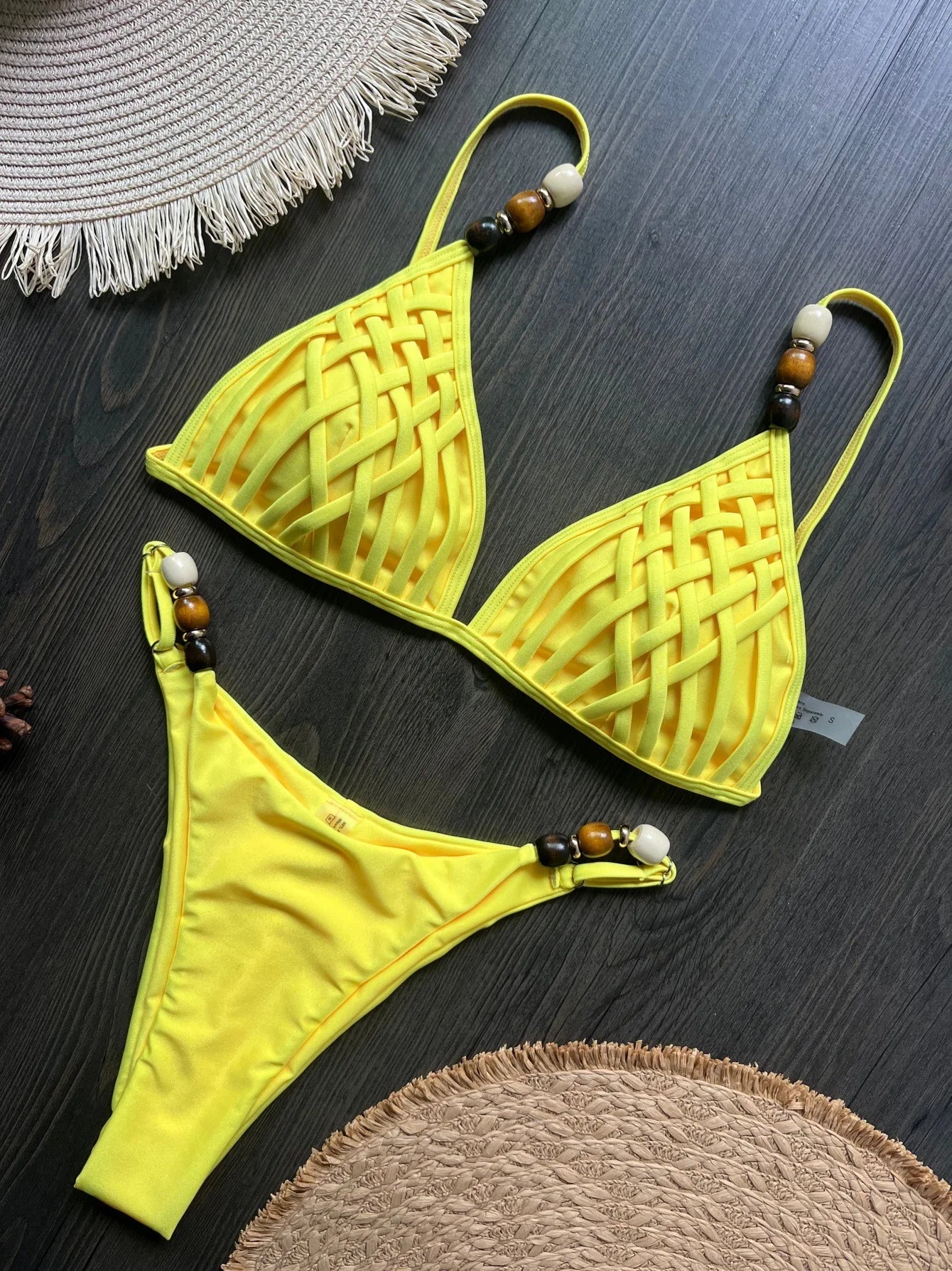 Pink Yellow Micro Bikini Pearls Strap Hole Out Push Up Bra Triangle Swimsuit Beach Holiday Bathing Suit Swimwear