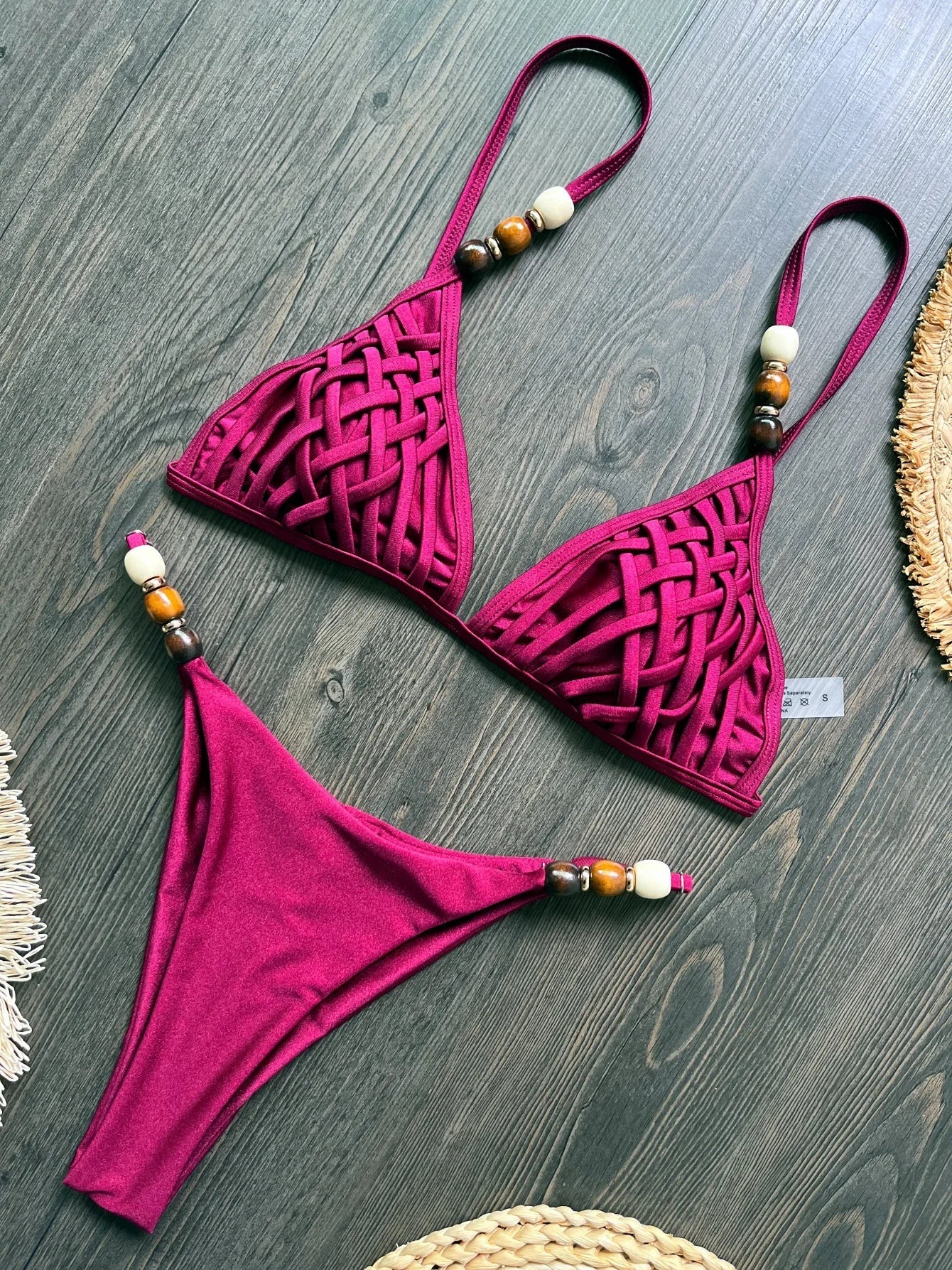 Pink Yellow Micro Bikini Pearls Strap Hole Out Push Up Bra Triangle Swimsuit Beach Holiday Bathing Suit Swimwear