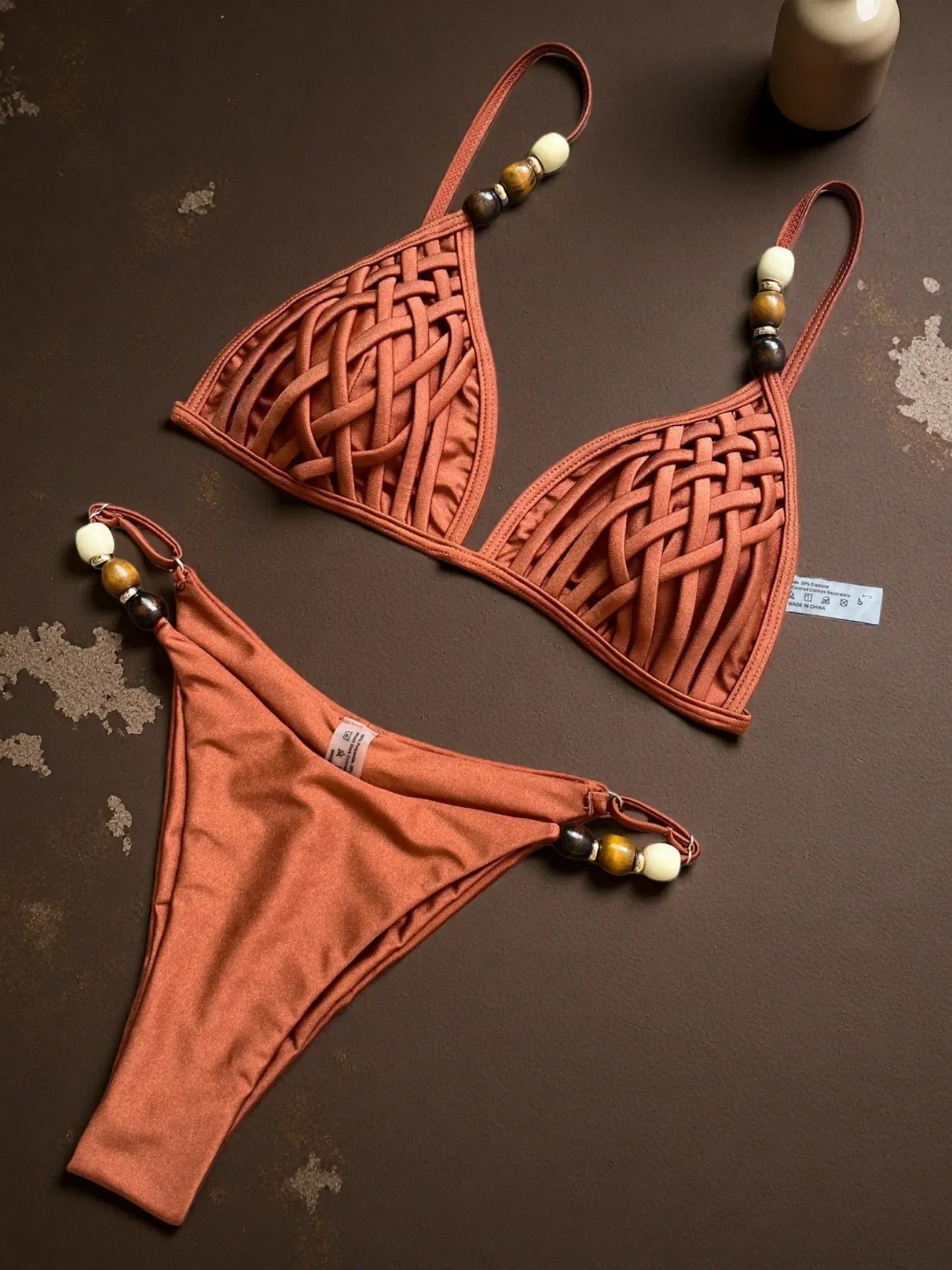 Pink Yellow Micro Bikini Pearls Strap Hole Out Push Up Bra Triangle Swimsuit Beach Holiday Bathing Suit Swimwear