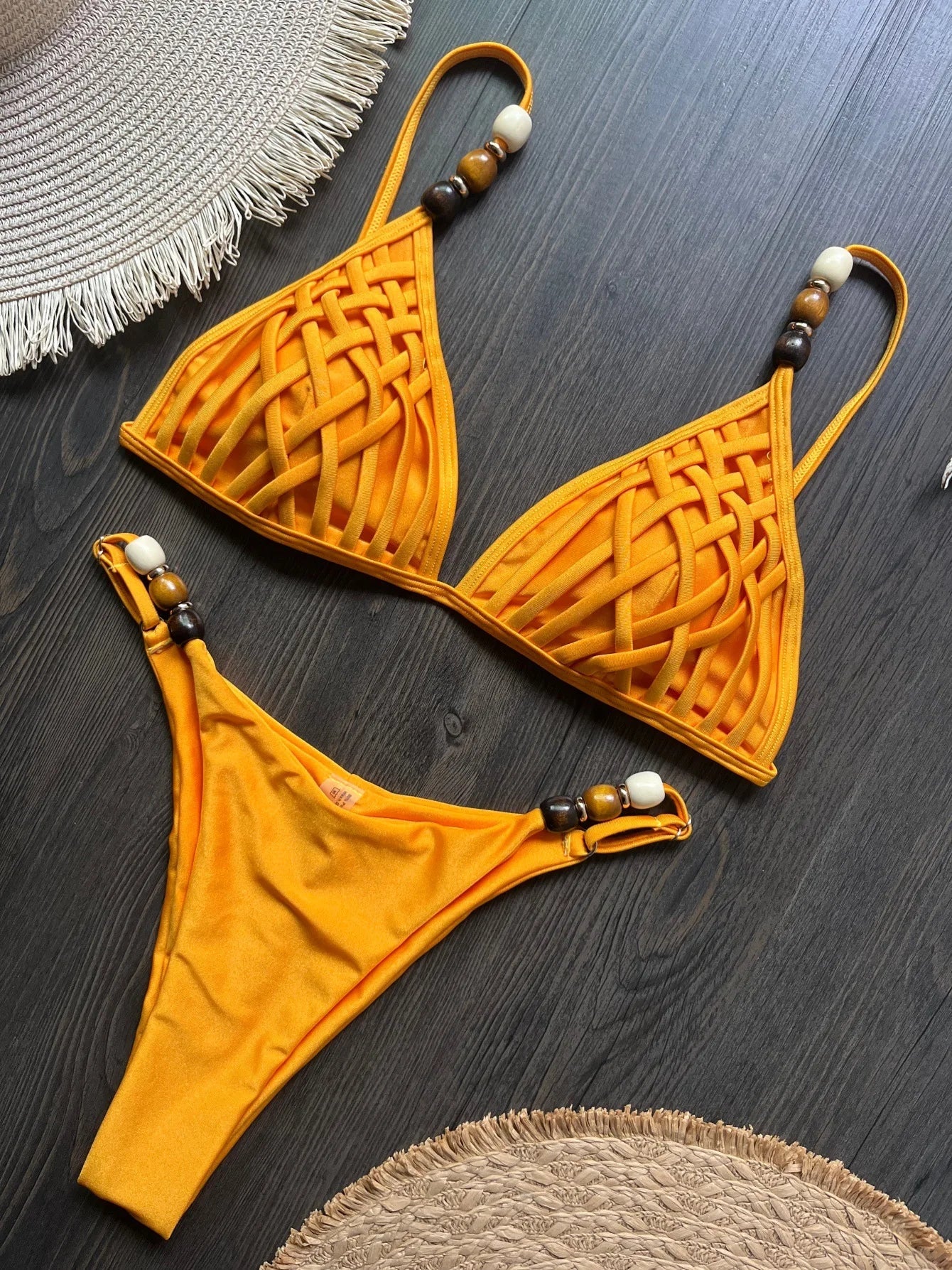 Pink Yellow Micro Bikini Pearls Strap Hole Out Push Up Bra Triangle Swimsuit Beach Holiday Bathing Suit Swimwear