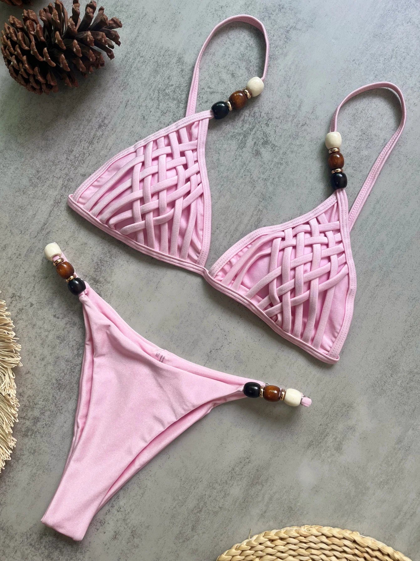 Pink Yellow Micro Bikini Pearls Strap Hole Out Push Up Bra Triangle Swimsuit Beach Holiday Bathing Suit Swimwear