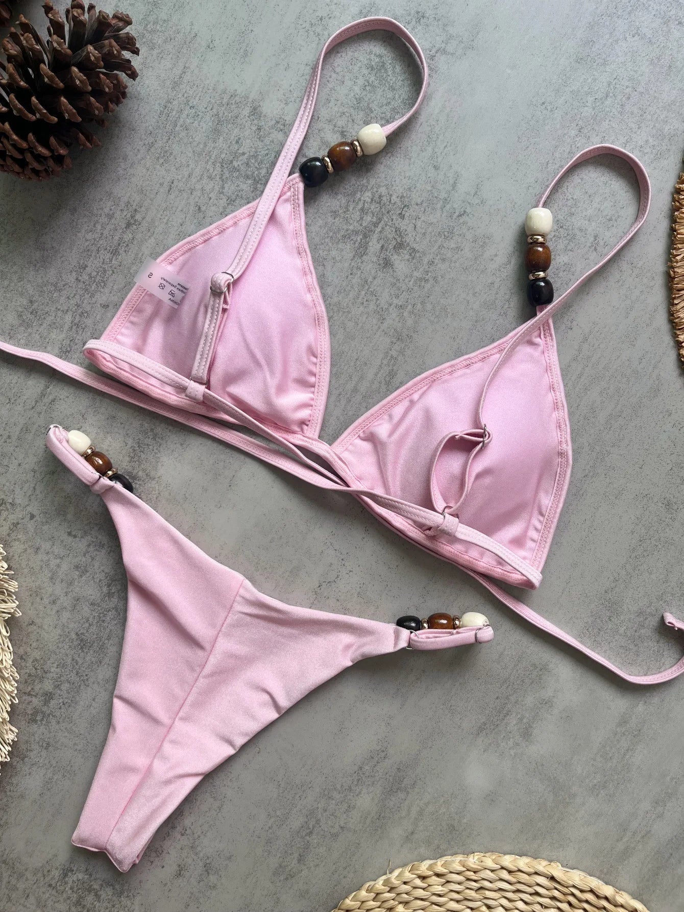 Pink Yellow Micro Bikini Pearls Strap Hole Out Push Up Bra Triangle Swimsuit Beach Holiday Bathing Suit Swimwear