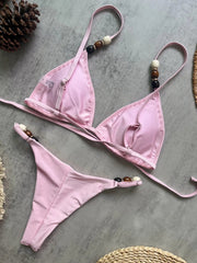 Pink Yellow Micro Bikini Pearls Strap Hole Out Push Up Bra Triangle Swimsuit Beach Holiday Bathing Suit Swimwear