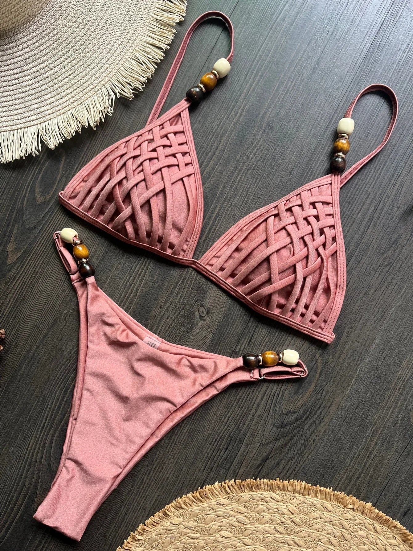 Pink Yellow Micro Bikini Pearls Strap Hole Out Push Up Bra Triangle Swimsuit Beach Holiday Bathing Suit Swimwear