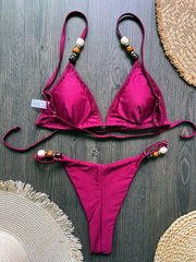 Pink Yellow Micro Bikini Pearls Strap Hole Out Push Up Bra Triangle Swimsuit Beach Holiday Bathing Suit Swimwear