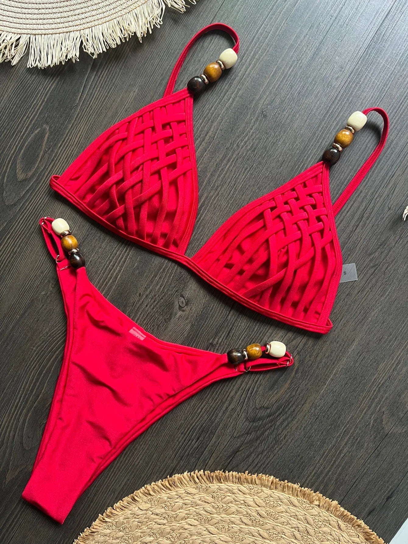 Pink Yellow Micro Bikini Pearls Strap Hole Out Push Up Bra Triangle Swimsuit Beach Holiday Bathing Suit Swimwear