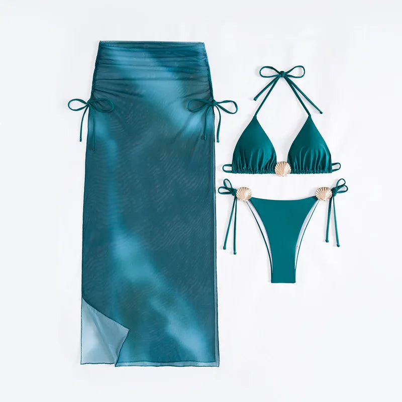 Pleate Long Skirt 3 Piece Bikini Set