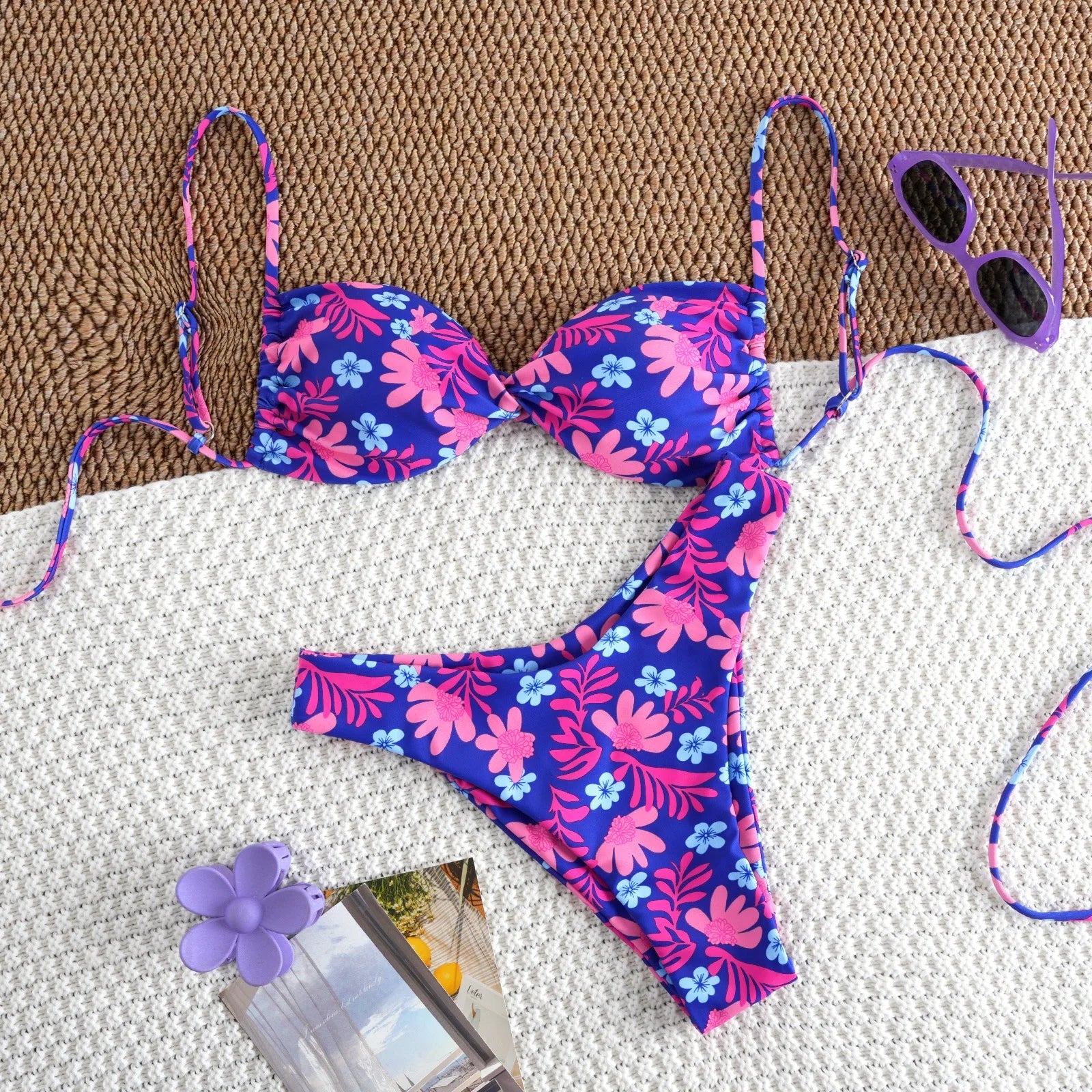Purple Floral Print Micro Bikini Cross Pleate Push Up Thong Swimsuit Beach Bathing Suit Biquini