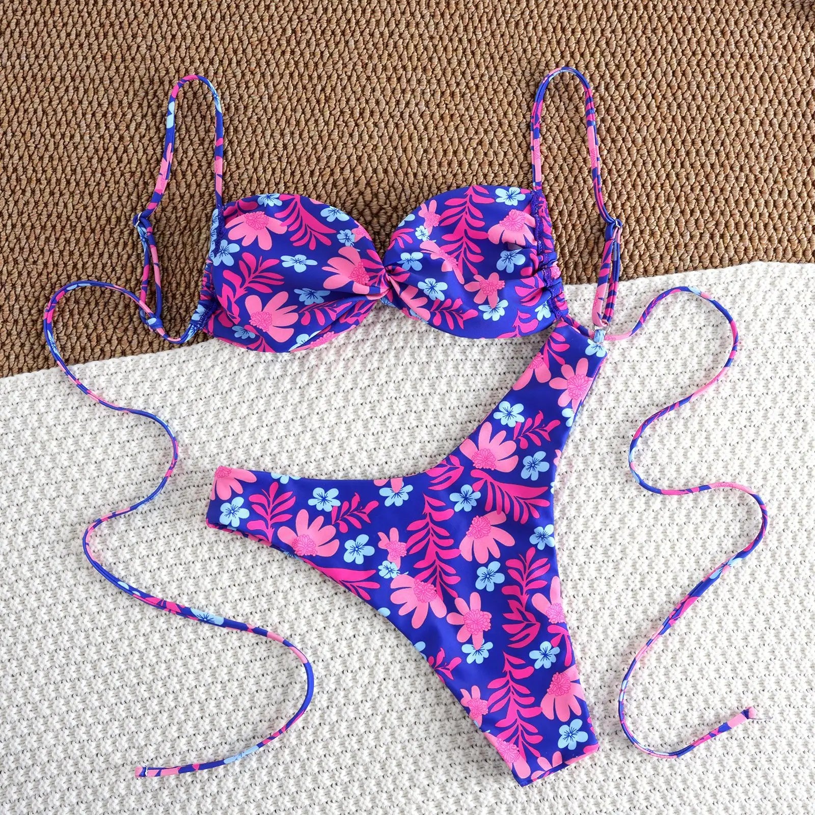 Purple Floral Print Micro Bikini Cross Pleate Push Up Thong Swimsuit Beach Bathing Suit Biquini