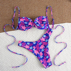 Purple Floral Print Micro Bikini Cross Pleate Push Up Thong Swimsuit Beach Bathing Suit Biquini